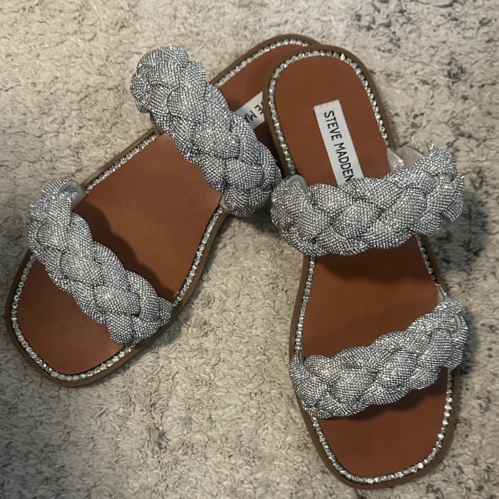 Steve Madden Braided Metallic Silver Slide Sandals